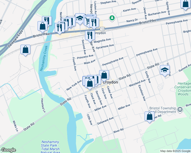 map of restaurants, bars, coffee shops, grocery stores, and more near 704 1st Avenue in Croydon