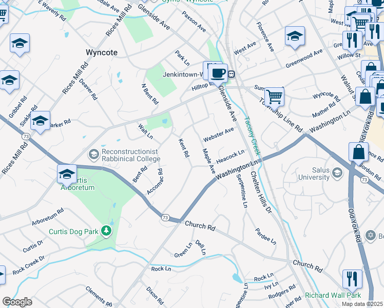map of restaurants, bars, coffee shops, grocery stores, and more near 207 Kent Road in Wyncote