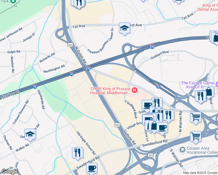 map of restaurants, bars, coffee shops, grocery stores, and more near 120 Valley Green Lane in King of Prussia