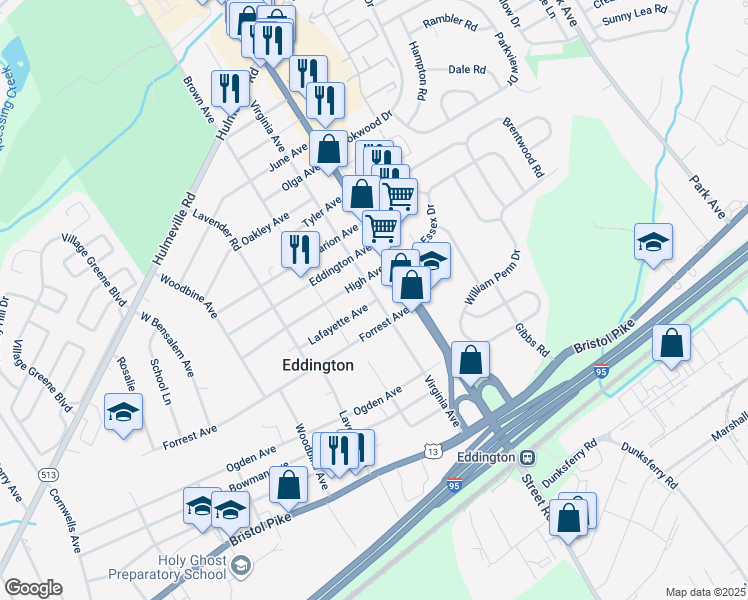 map of restaurants, bars, coffee shops, grocery stores, and more near 1348 Virginia Avenue in Bensalem