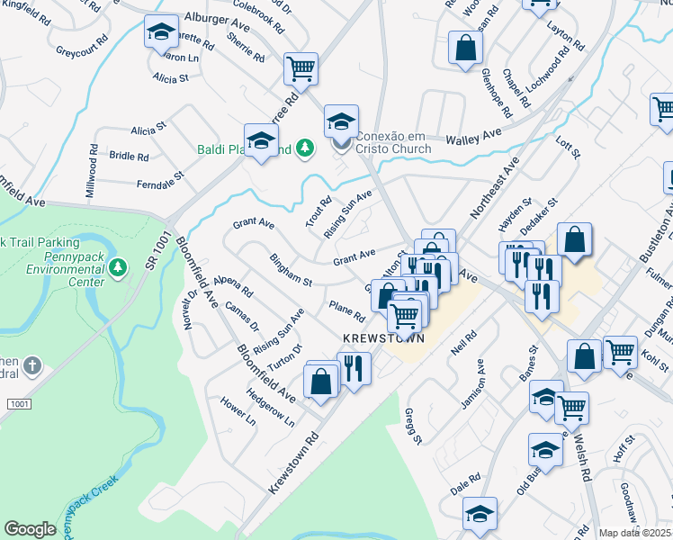 map of restaurants, bars, coffee shops, grocery stores, and more near 1124 Grant Avenue in Philadelphia
