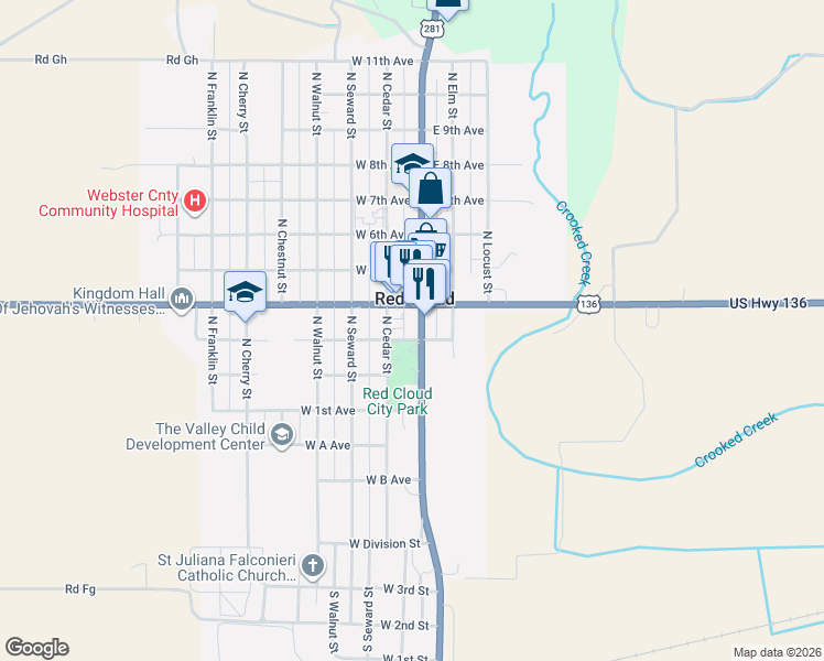 map of restaurants, bars, coffee shops, grocery stores, and more near in Red Cloud