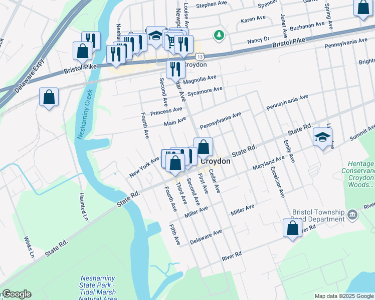 map of restaurants, bars, coffee shops, grocery stores, and more near 704 1st Avenue in Croydon