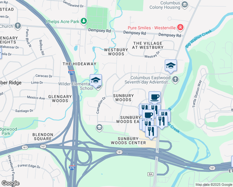 map of restaurants, bars, coffee shops, grocery stores, and more near 4175 Carnation Drive in Westerville