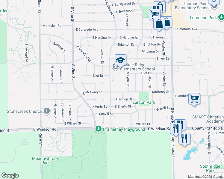 map of restaurants, bars, coffee shops, grocery stores, and more near 707 East McHenry Street in Urbana