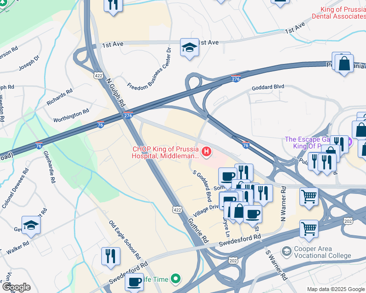 map of restaurants, bars, coffee shops, grocery stores, and more near 555 South Goddard Boulevard in King of Prussia
