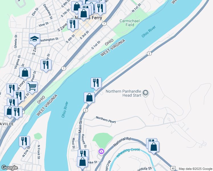 map of restaurants, bars, coffee shops, grocery stores, and more near West Virginia 2 in Wheeling