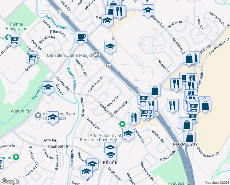 map of restaurants, bars, coffee shops, grocery stores, and more near 3865 Alberta Place in Philadelphia