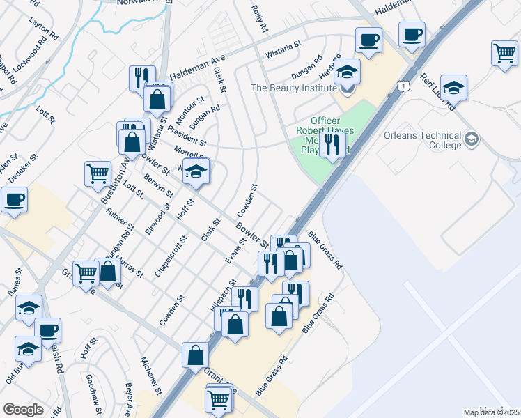 map of restaurants, bars, coffee shops, grocery stores, and more near 9748 Evans Street in Philadelphia