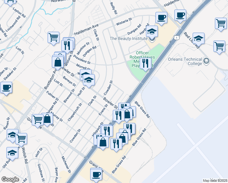 map of restaurants, bars, coffee shops, grocery stores, and more near 9748 Evans Street in Philadelphia
