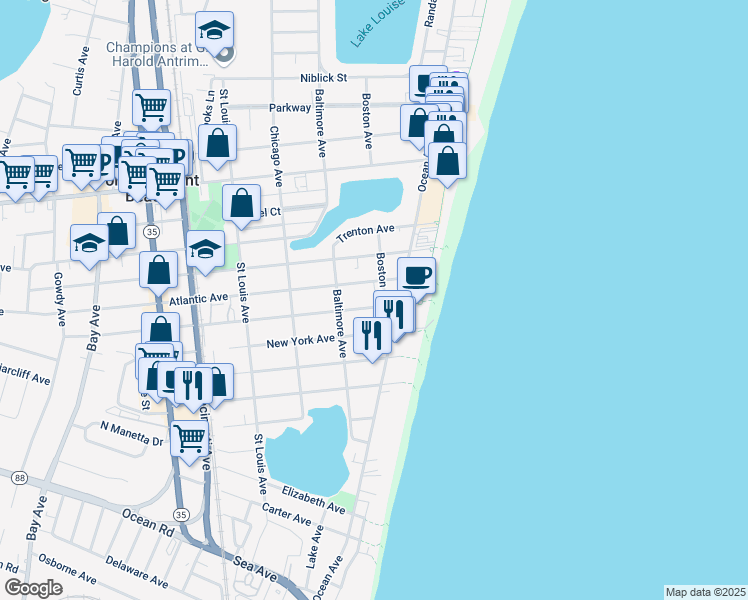 map of restaurants, bars, coffee shops, grocery stores, and more near 104 New Jersey Avenue in Point Pleasant Beach