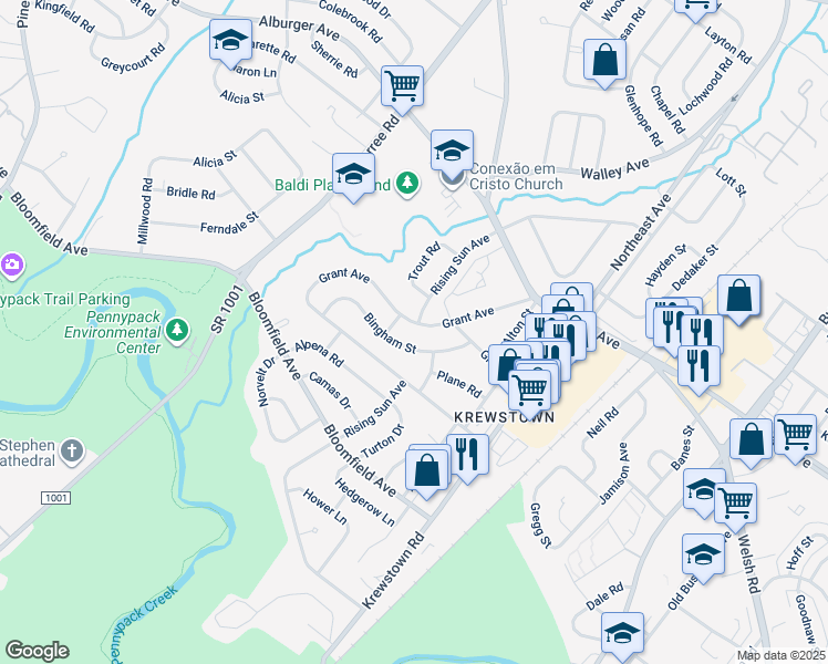 map of restaurants, bars, coffee shops, grocery stores, and more near 1108 Grant Avenue in Philadelphia