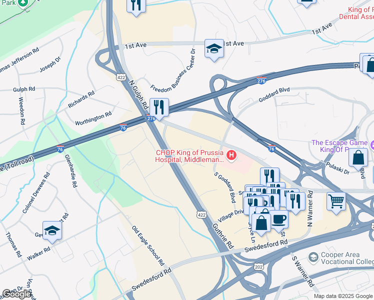 map of restaurants, bars, coffee shops, grocery stores, and more near 120 Valley Green Lane in King of Prussia