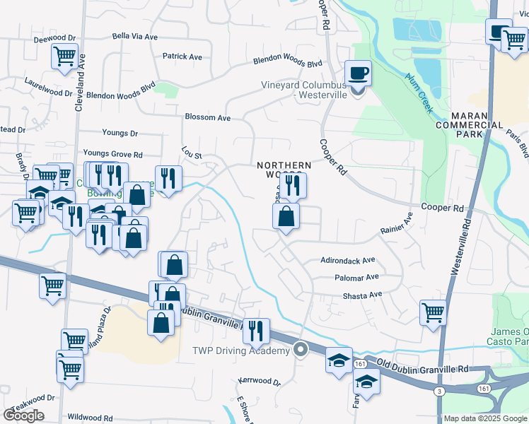 map of restaurants, bars, coffee shops, grocery stores, and more near 5643 Little Ben Circle in Columbus