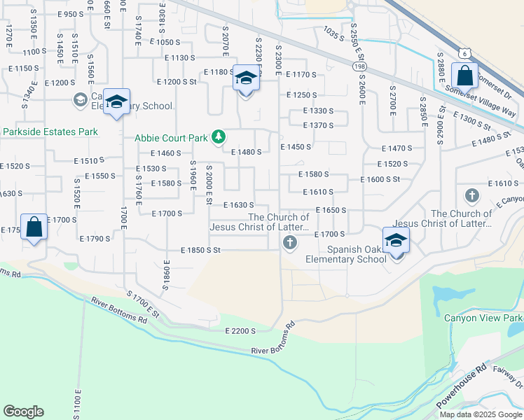 map of restaurants, bars, coffee shops, grocery stores, and more near 2224 East 1630 South in Spanish Fork