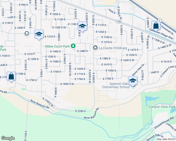 map of restaurants, bars, coffee shops, grocery stores, and more near 2224 East 1630 South in Spanish Fork