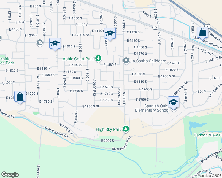 map of restaurants, bars, coffee shops, grocery stores, and more near 2158 East 1630 South in Spanish Fork