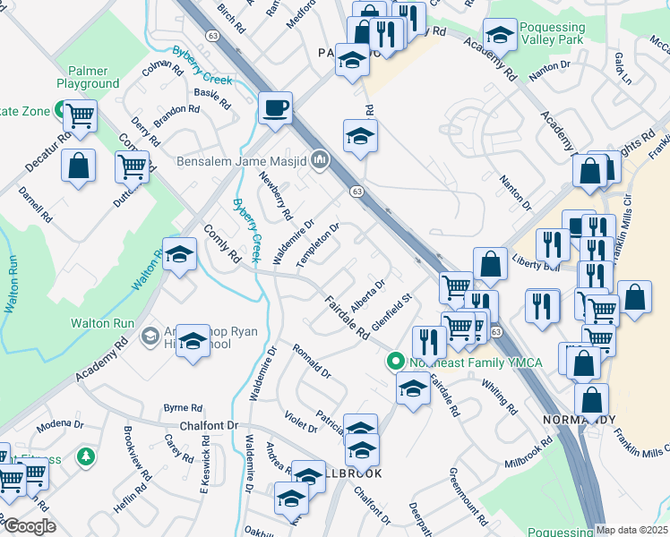 map of restaurants, bars, coffee shops, grocery stores, and more near 12024 Covert Road in Philadelphia
