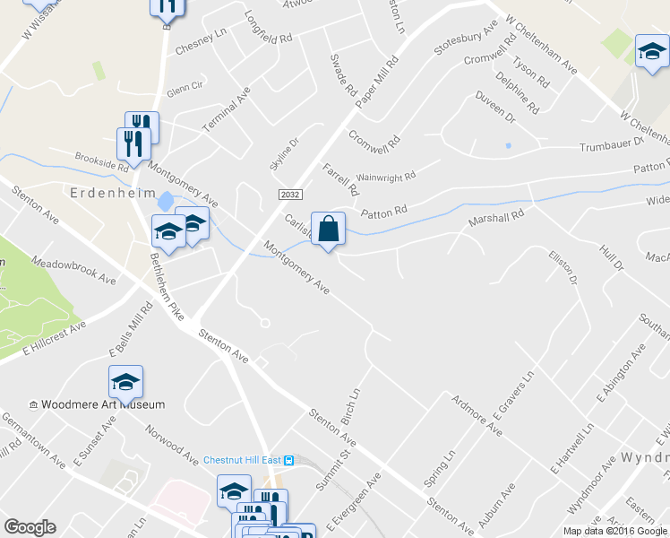 map of restaurants, bars, coffee shops, grocery stores, and more near 8806 Curtis Terrace in Glenside