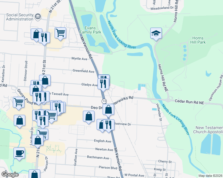map of restaurants, bars, coffee shops, grocery stores, and more near 36 Old Waterworks Road in Newark