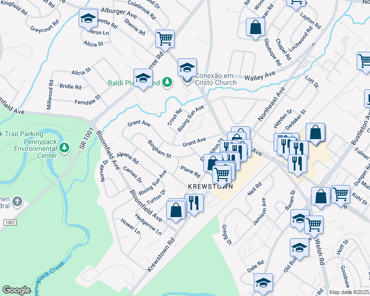 map of restaurants, bars, coffee shops, grocery stores, and more near 1124 Grant Avenue in Philadelphia