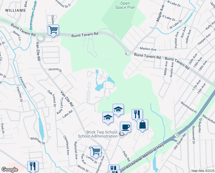 map of restaurants, bars, coffee shops, grocery stores, and more near 1 Foxwood Court in Brick Township