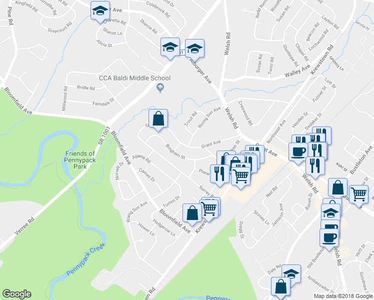 map of restaurants, bars, coffee shops, grocery stores, and more near 1108 Grant Avenue in Philadelphia