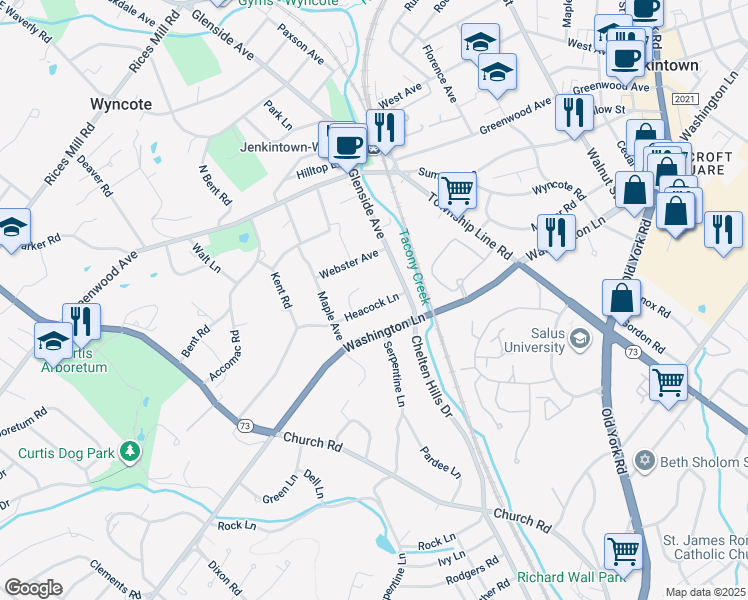 map of restaurants, bars, coffee shops, grocery stores, and more near 125 Heacock Lane in Wyncote