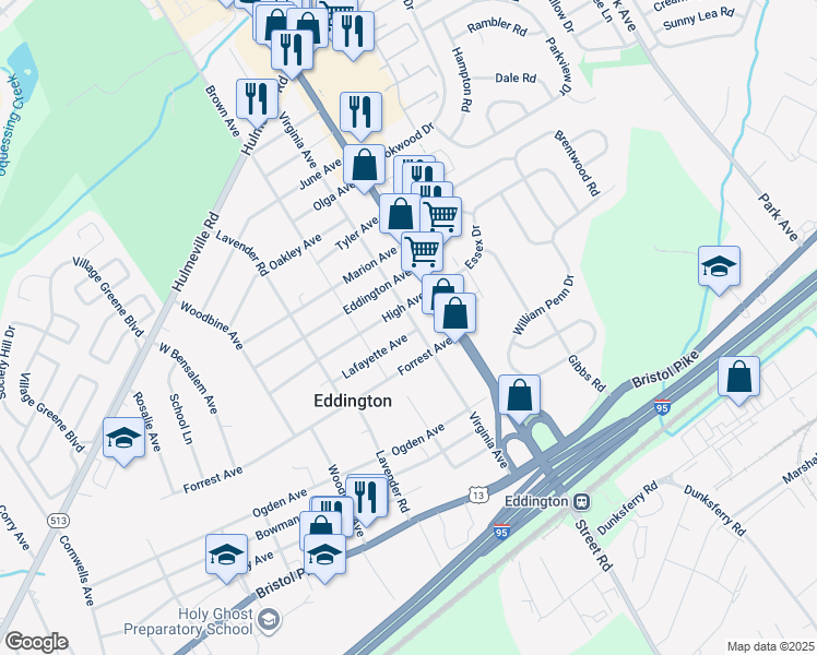 map of restaurants, bars, coffee shops, grocery stores, and more near 1348 Virginia Avenue in Bensalem