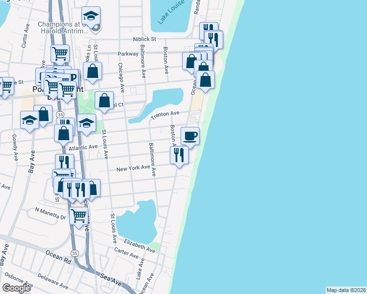 map of restaurants, bars, coffee shops, grocery stores, and more near 1002 North Ocean Avenue in Point Pleasant Beach