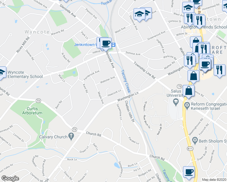 map of restaurants, bars, coffee shops, grocery stores, and more near 125 Heacock Lane in Wyncote