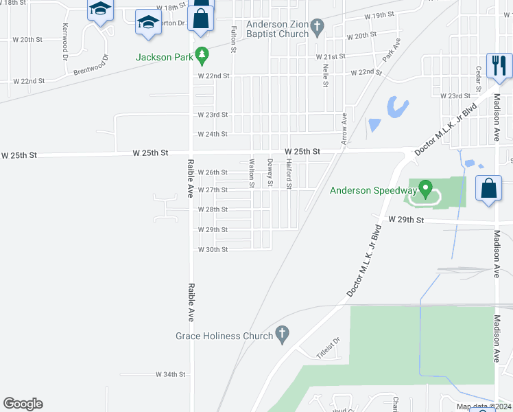 map of restaurants, bars, coffee shops, grocery stores, and more near 2112 West 28th Street in Anderson