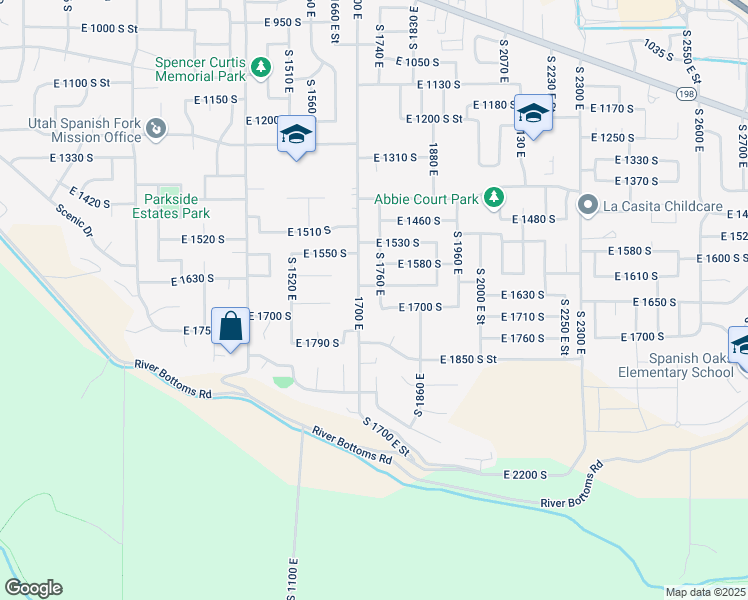 map of restaurants, bars, coffee shops, grocery stores, and more near 1674 South 1760 East in Spanish Fork