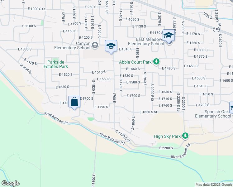 map of restaurants, bars, coffee shops, grocery stores, and more near 1725 1700 East in Spanish Fork