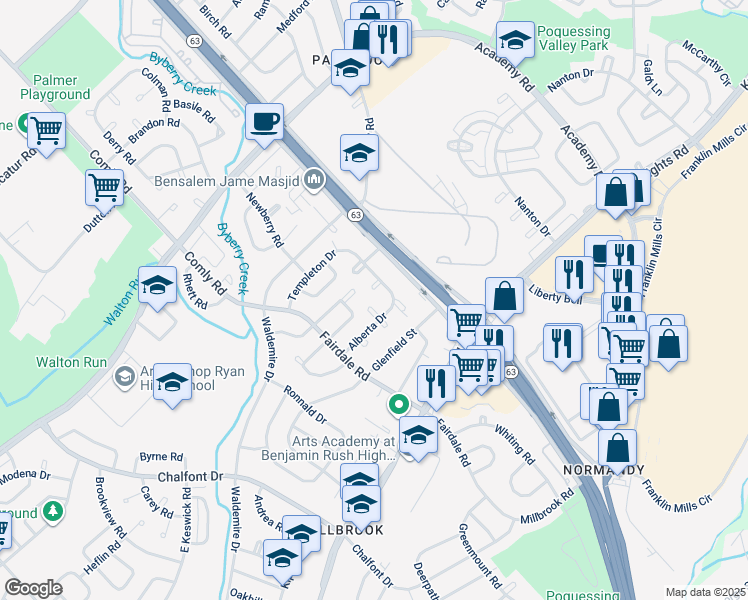 map of restaurants, bars, coffee shops, grocery stores, and more near 3865 Alberta Place in Philadelphia