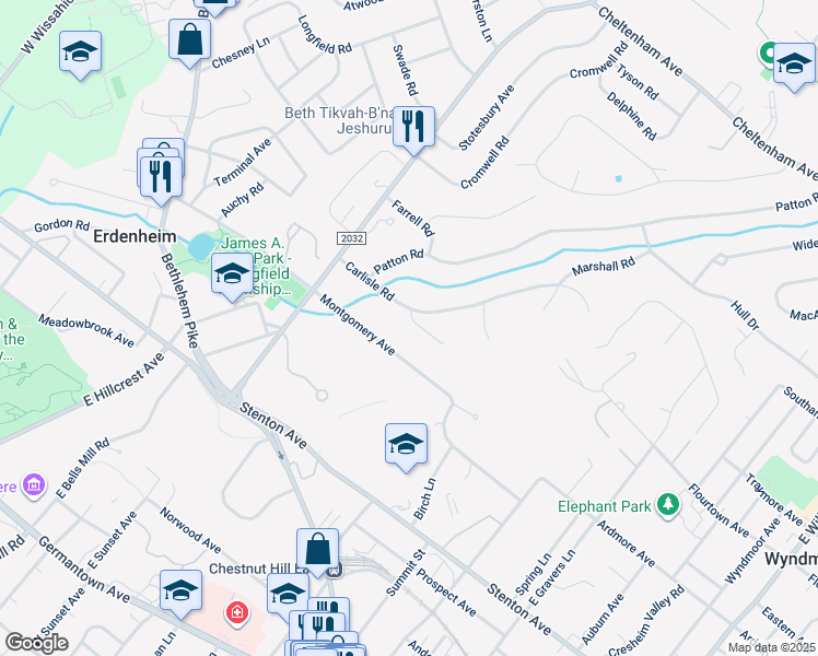 map of restaurants, bars, coffee shops, grocery stores, and more near 8806 Curtis Terrace in Glenside