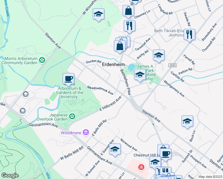 map of restaurants, bars, coffee shops, grocery stores, and more near 9401 Meadowbrook Avenue in Philadelphia
