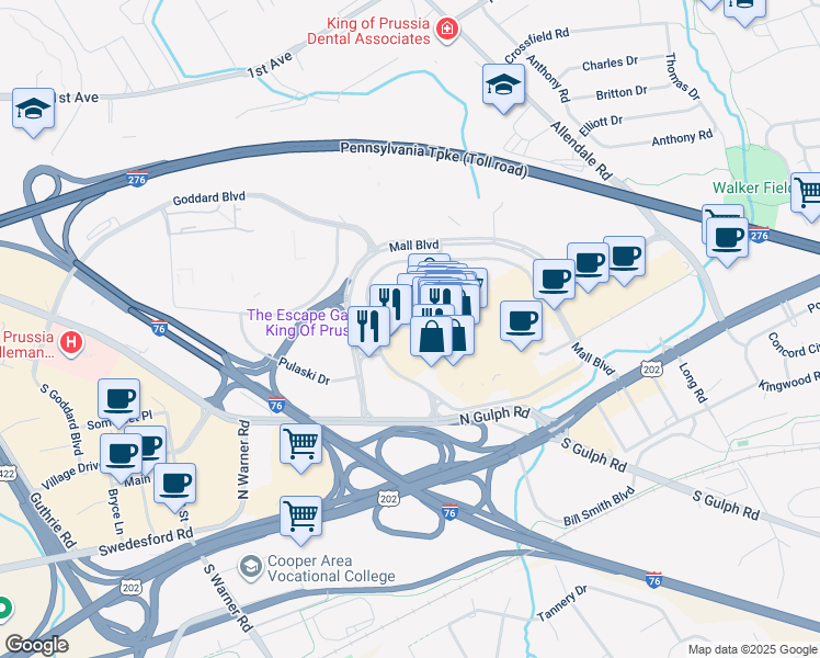map of restaurants, bars, coffee shops, grocery stores, and more near 160 North Gulph Road in King of Prussia