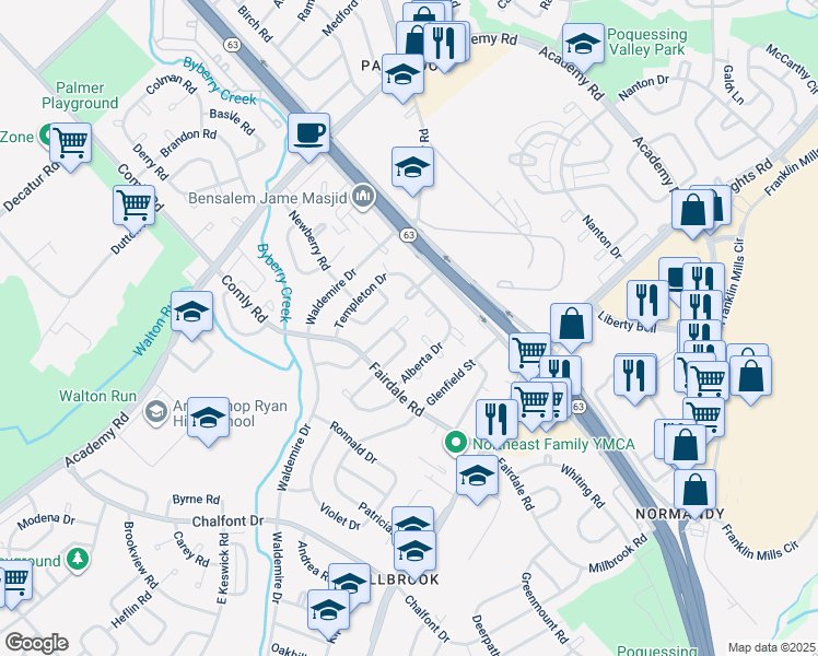 map of restaurants, bars, coffee shops, grocery stores, and more near 12041 Covert Road in Philadelphia