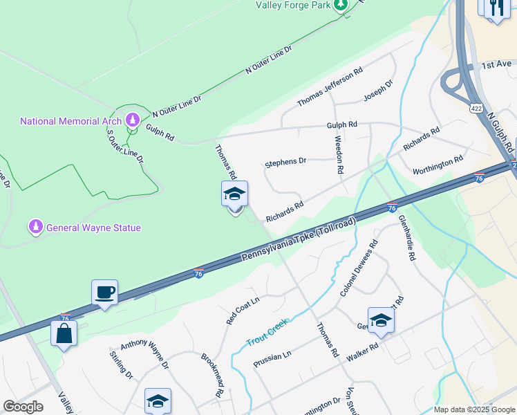 map of restaurants, bars, coffee shops, grocery stores, and more near 1635 Thomas Road in Wayne