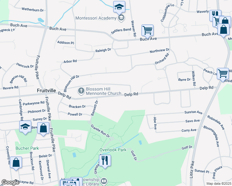 map of restaurants, bars, coffee shops, grocery stores, and more near 231 Delp Road in Lancaster