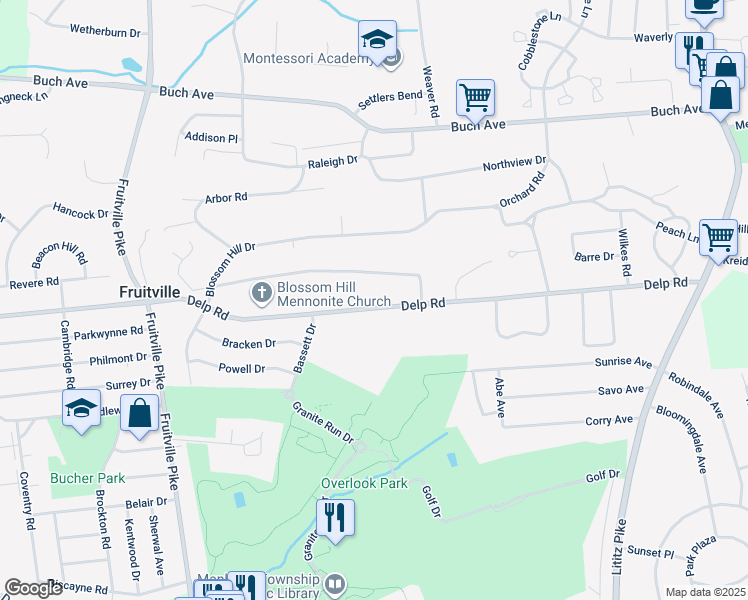 map of restaurants, bars, coffee shops, grocery stores, and more near 231 Delp Road in Lancaster