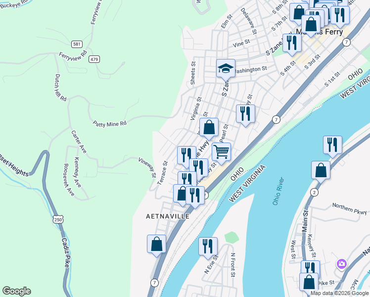 map of restaurants, bars, coffee shops, grocery stores, and more near 1200 Indiana Street in Martins Ferry