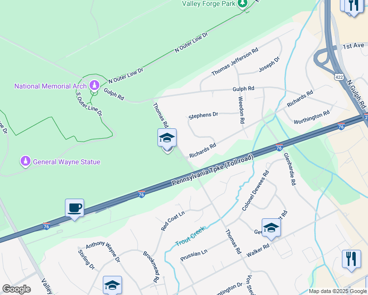 map of restaurants, bars, coffee shops, grocery stores, and more near 1635 Thomas Road in Wayne