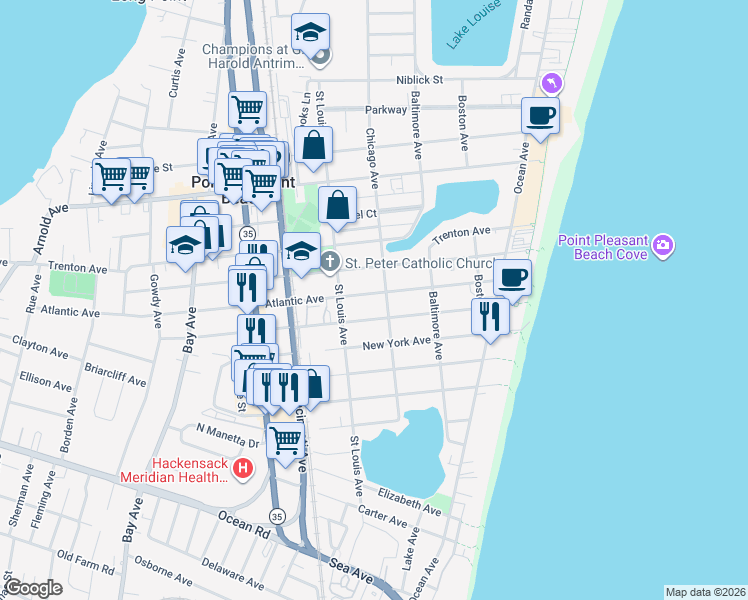 map of restaurants, bars, coffee shops, grocery stores, and more near 309 New Jersey Avenue in Point Pleasant Beach