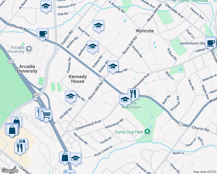 map of restaurants, bars, coffee shops, grocery stores, and more near 402 Randall Road in Wyncote