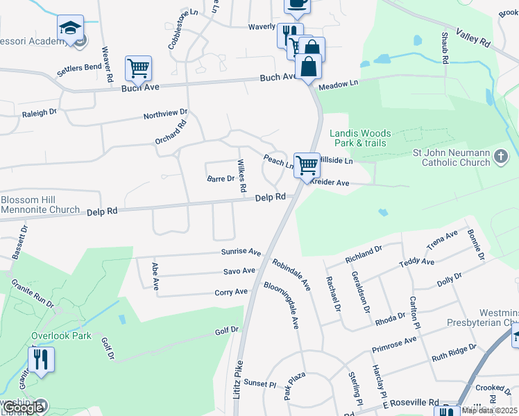 map of restaurants, bars, coffee shops, grocery stores, and more near 36 Delp Rd in Lancaster