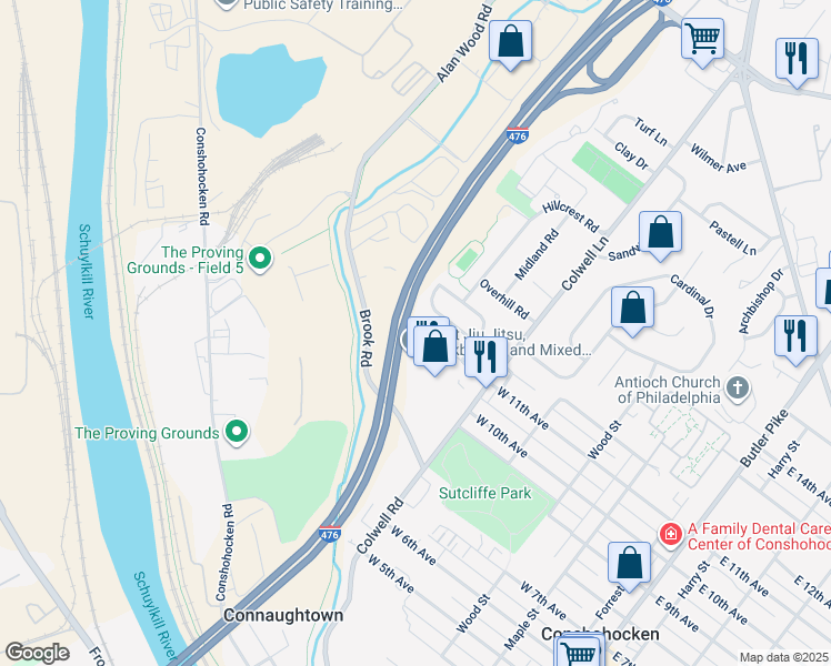 map of restaurants, bars, coffee shops, grocery stores, and more near 533 Palmer Road in Conshohocken