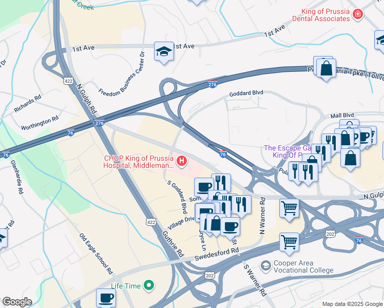 map of restaurants, bars, coffee shops, grocery stores, and more near 460 North Gulph Road in King of Prussia