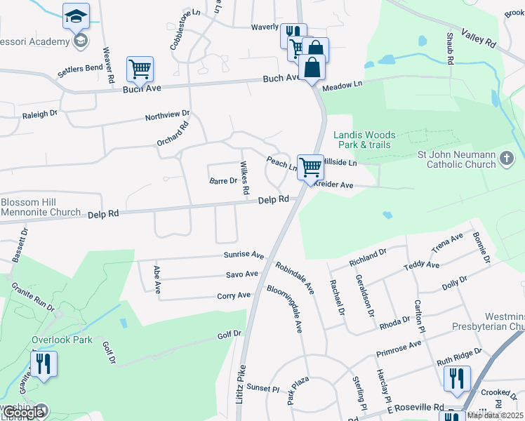 map of restaurants, bars, coffee shops, grocery stores, and more near 36 Delp Rd in Lancaster